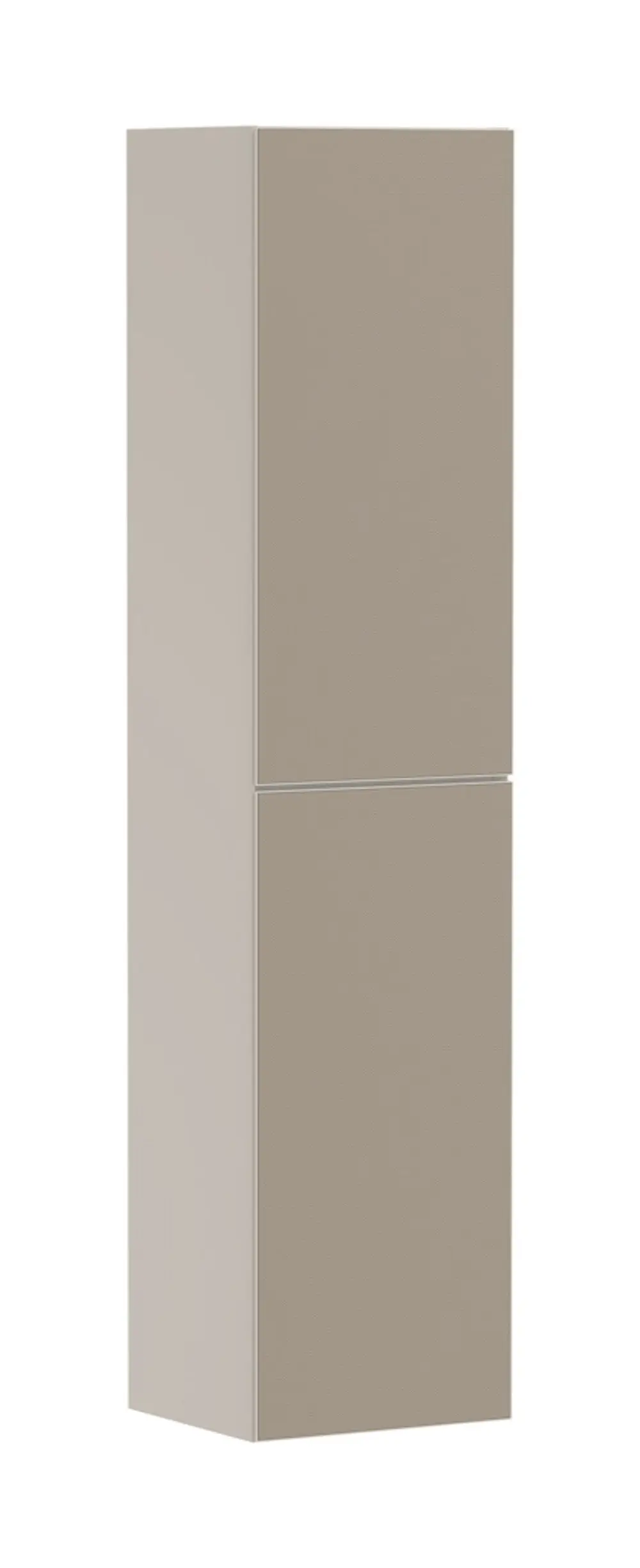 Hochschrank in Sandbeige von Hansgrohe mit zwei vertikalen Türen, Türanschlag links, einfache, glatte Oberfläche ohne sichtbare Griffe.